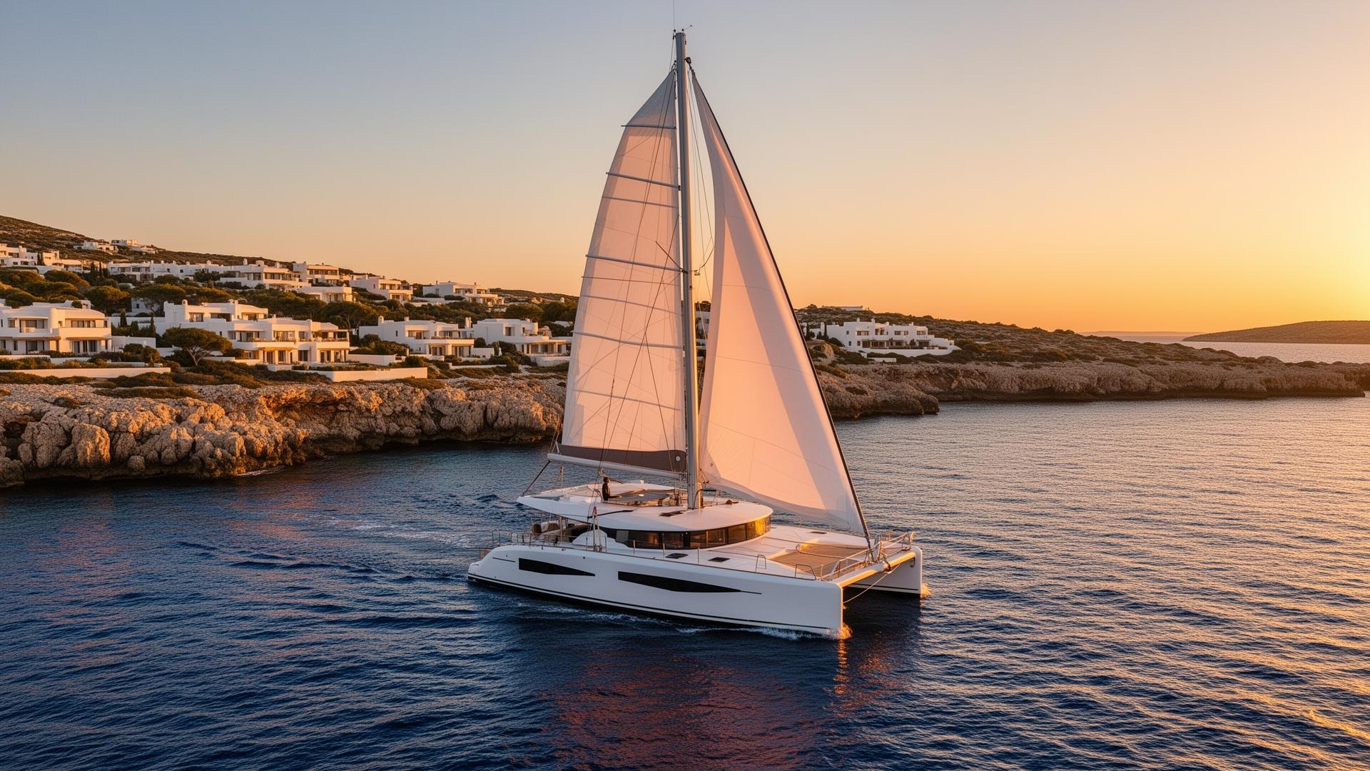 Elegant sailing catamaran on deep blue Mediterranean waters at golden hour